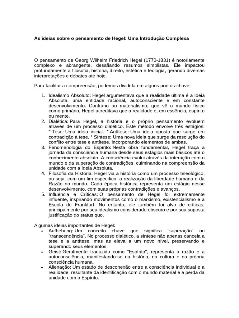 As Ideias Sobre O Pensamento De Hegel Pdf Georg Wilhelm Friedrich