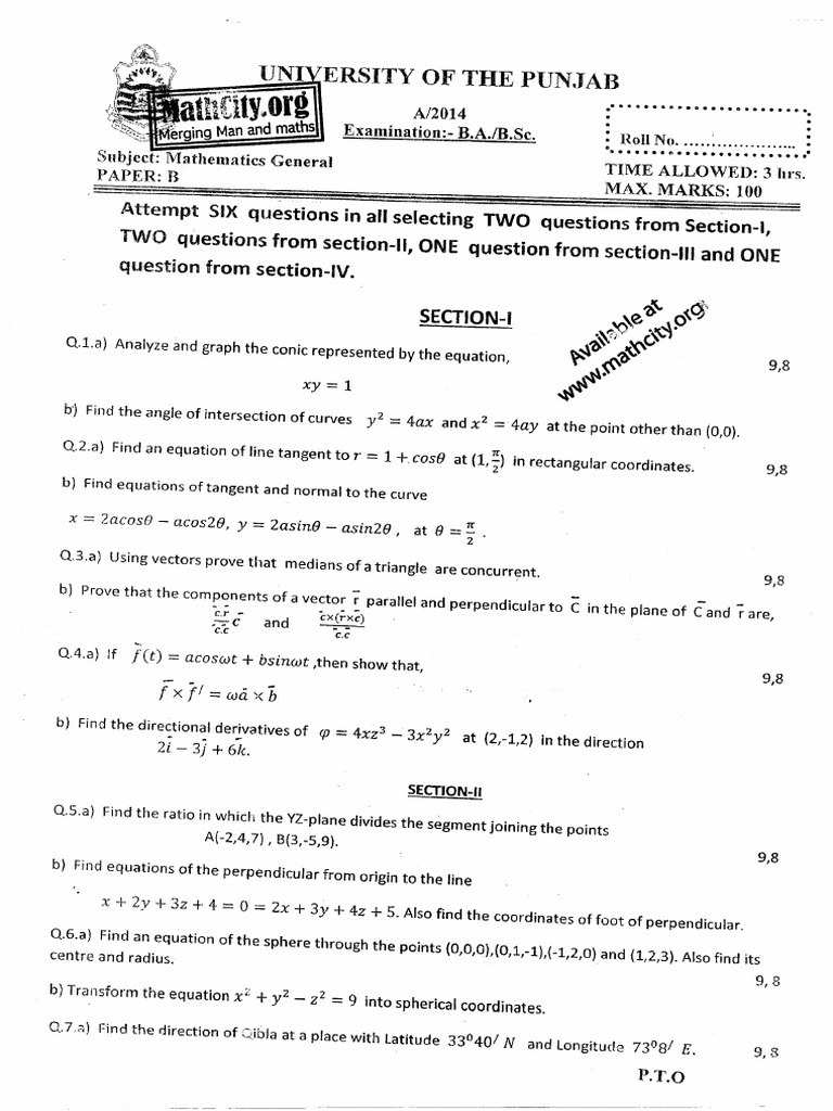 Mathematics Exam Paper B - University of Punjab | PDF