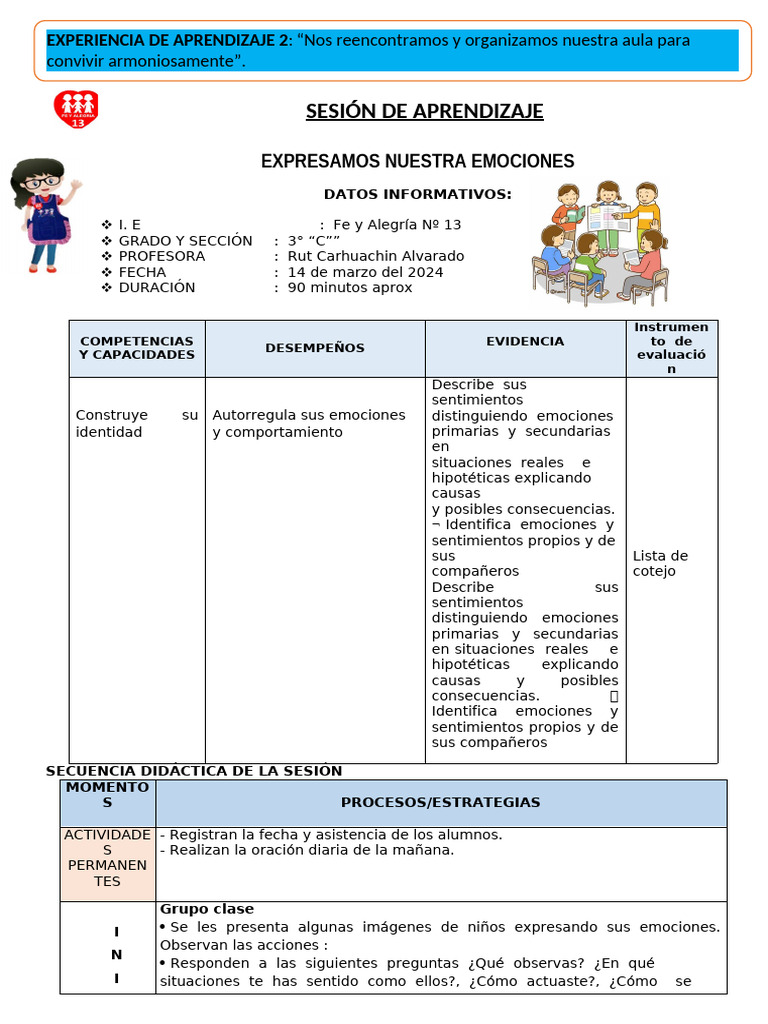 Expresión de Emociones en Aula 3°C | PDF | Las emociones | Aprendizaje