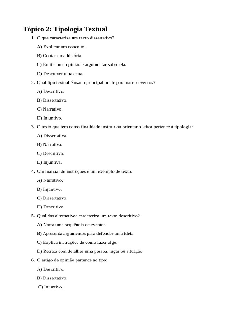 Exercícios sobre Tipologia Textual | PDF