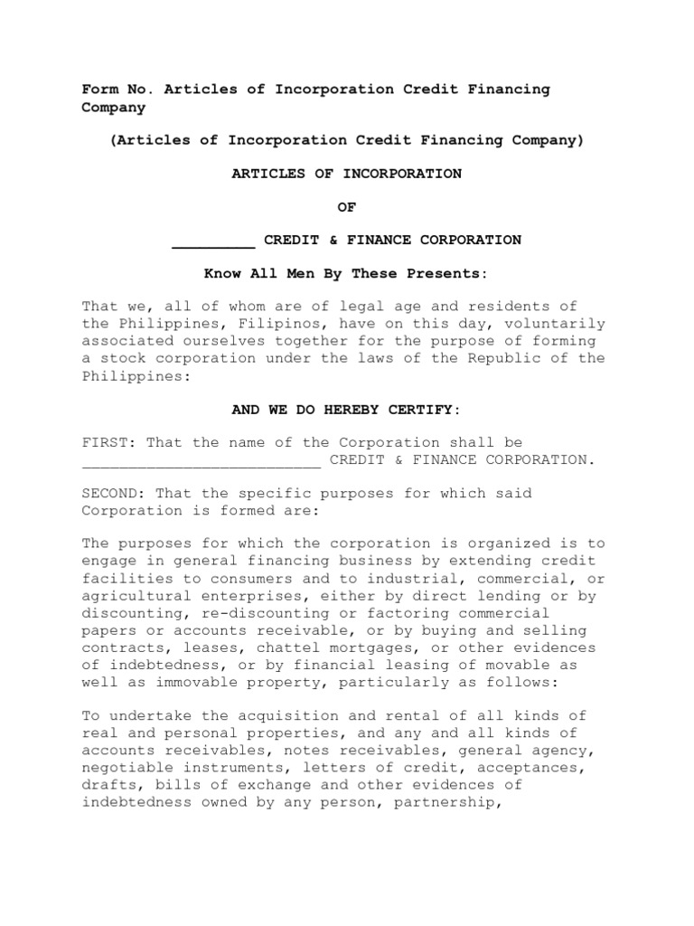 Articles of Incorporation Corporations Stocks