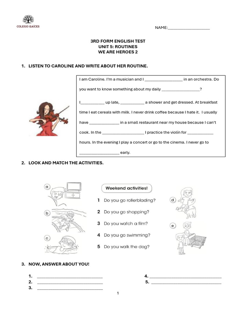 3RD Form English Test Unit 5 Routines | PDF