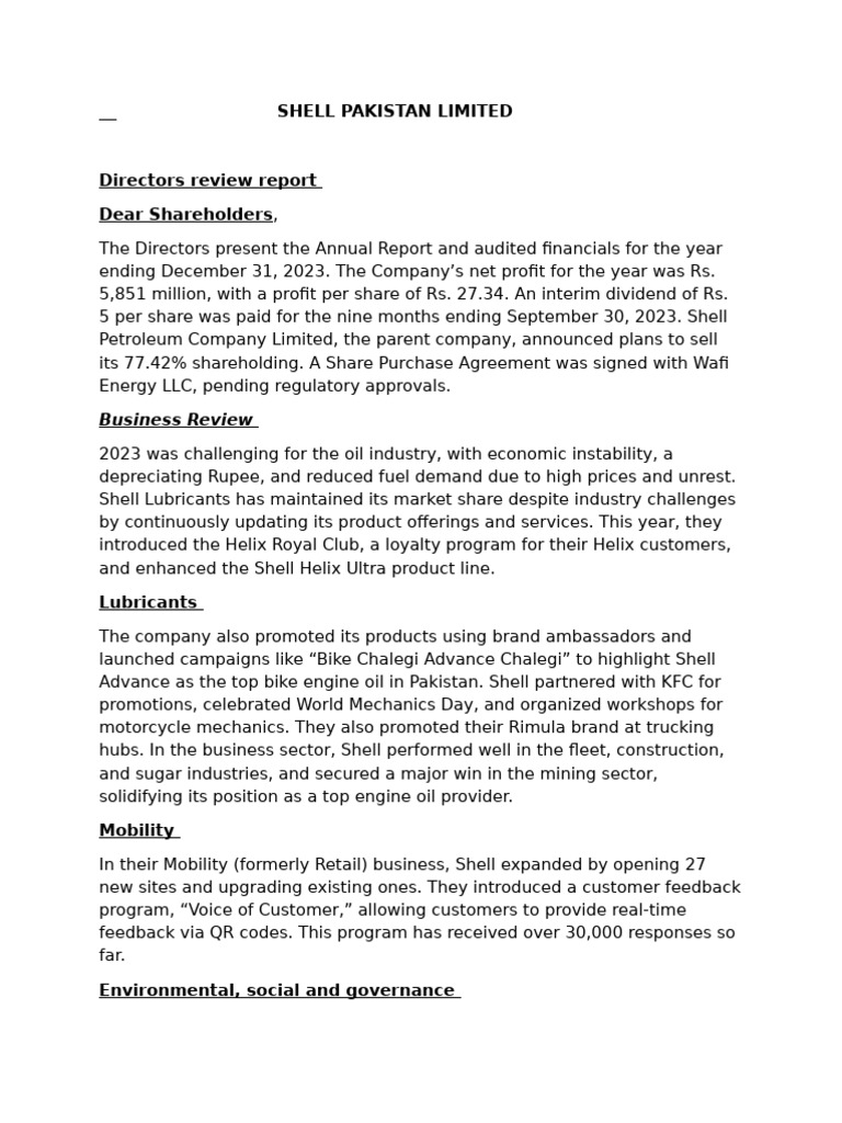 Shell Pakistan Annual Report 2023 | PDF | Audit | Corporate Governance