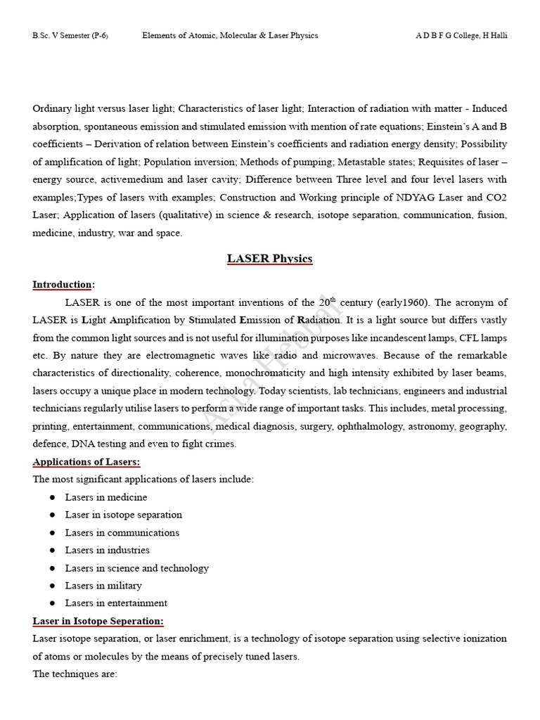 Fundamentals of Laser Physics | PDF | Laser | Emission Spectrum