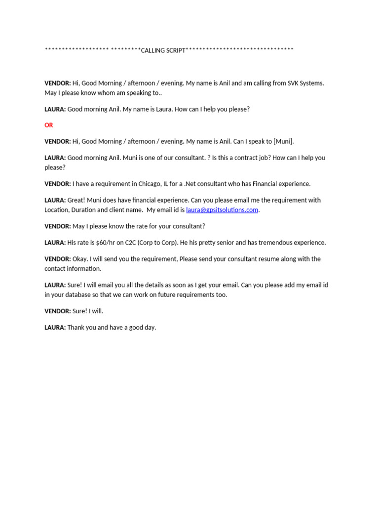 Vendor Calling Script for Consultants | PDF | Career & Growth