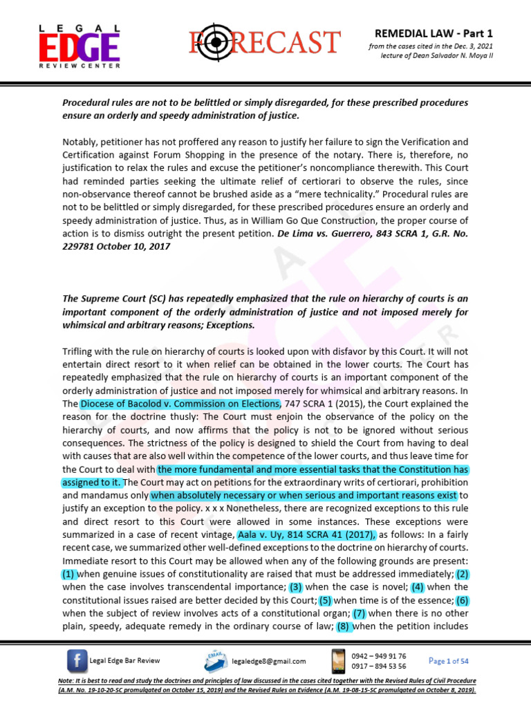 2021 FORECAST - Remedial Law (Part 1) | PDF | Certiorari | Arrest