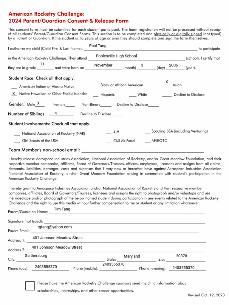 Kami Export 2024 American Rocketry Challenge Consent Form | PDF