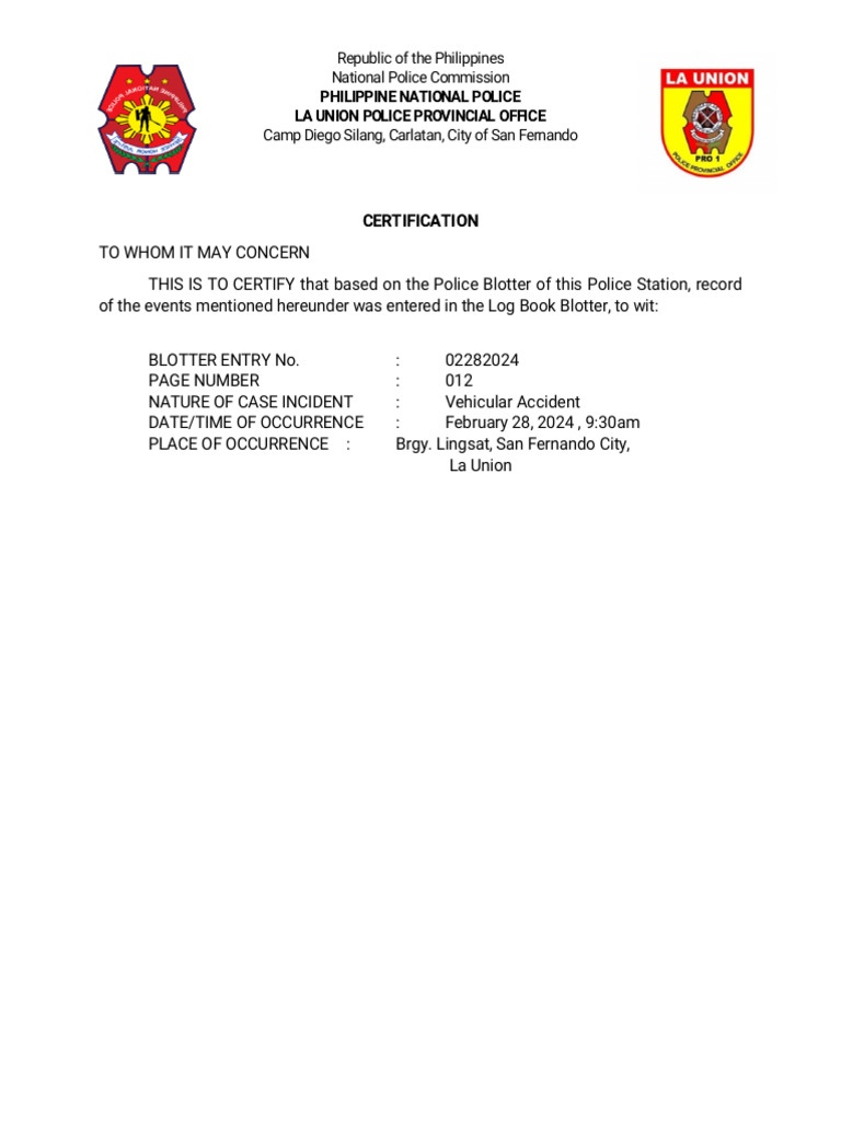 Police Blotter Entry: Vehicular Accident | PDF