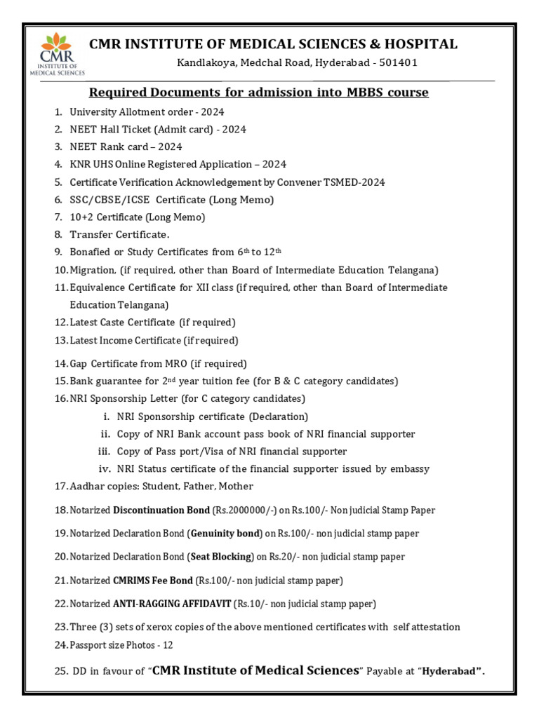 CMRIMS MBBS Admissinos 2024 25 Documents | PDF | Notary Public | Justice