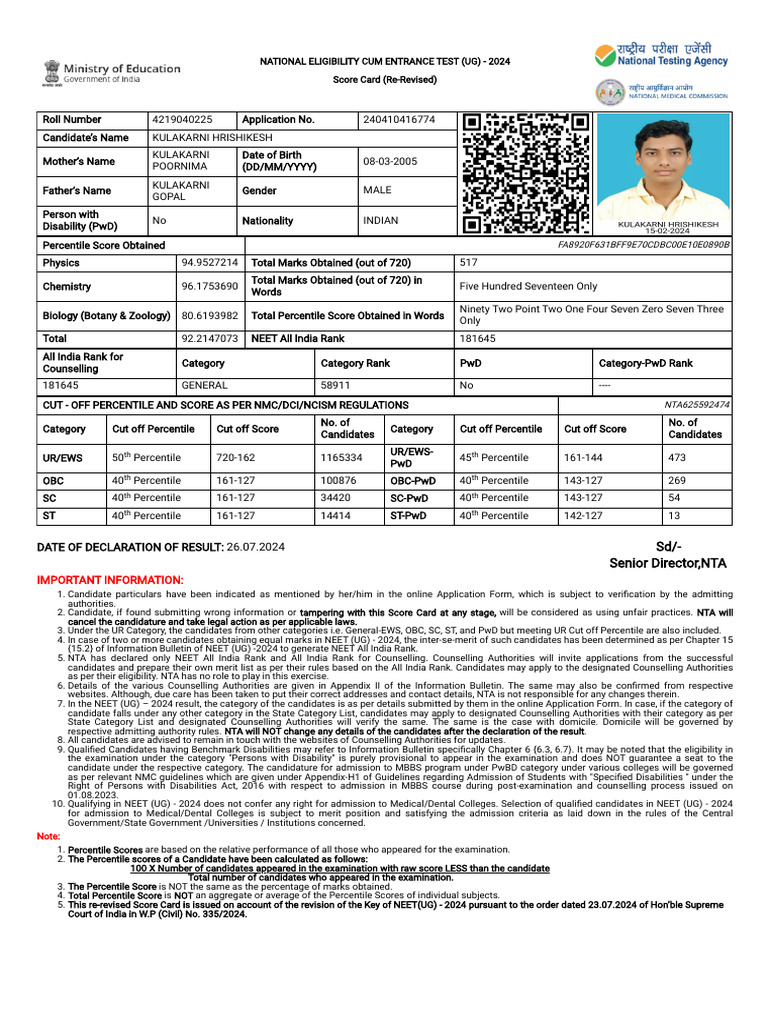 NEET UG 2024 Re-Revised Score Card | PDF