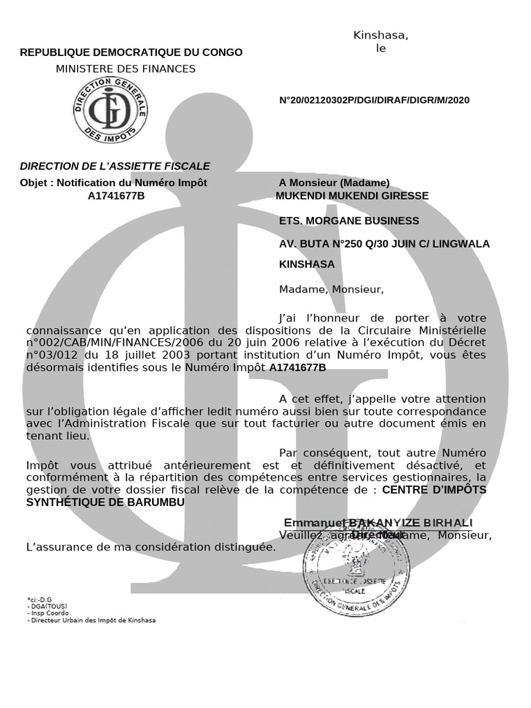 Notification du Numéro Impôt RDC | PDF