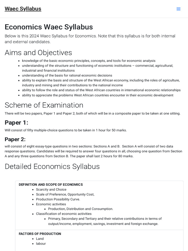 2024 WAEC Economics Syllabus Overview | PDF | Demand | Supply (Economics)