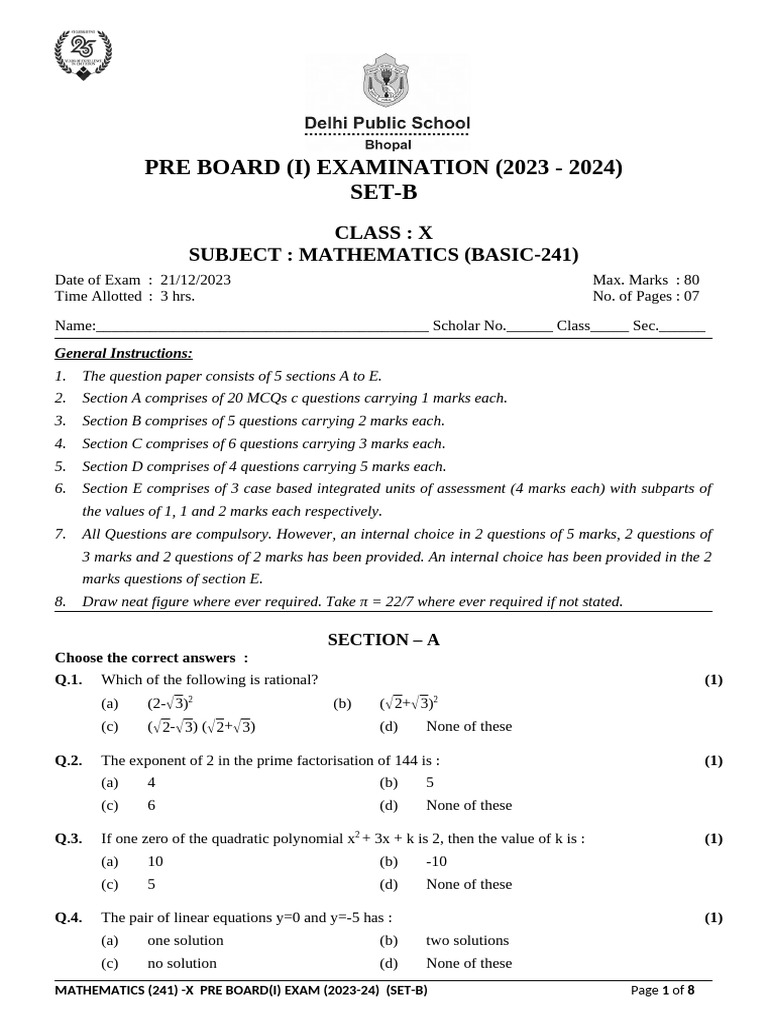 Math (Basic) - X Pre Board (I) 2023-24 (Set-B) | PDF | Area | Sphere