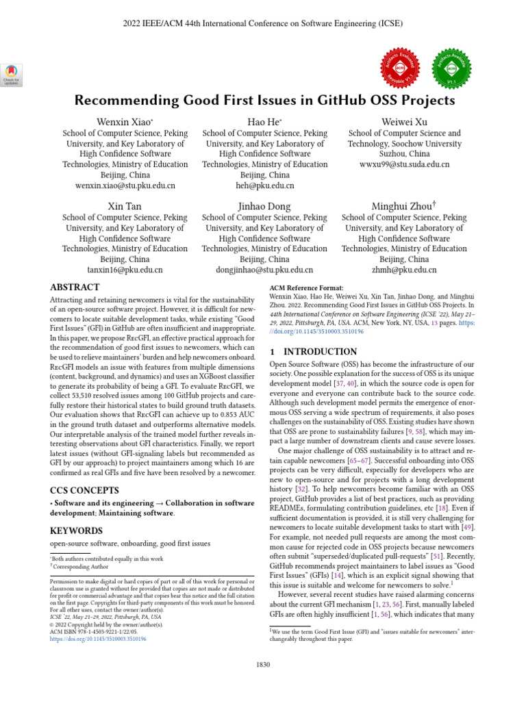 2022 - Recommending Good First Issues in GitHub OSS Projects | PDF ...