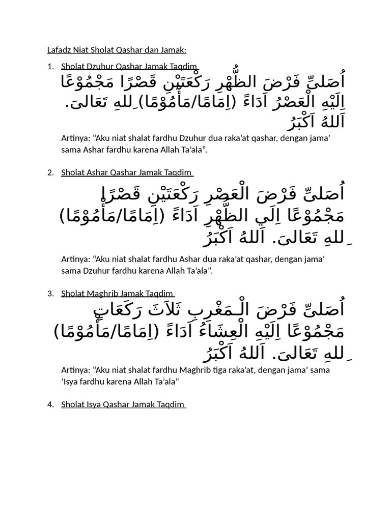 Lafadz Niat Sholat Qashar dan Jamak | PDF