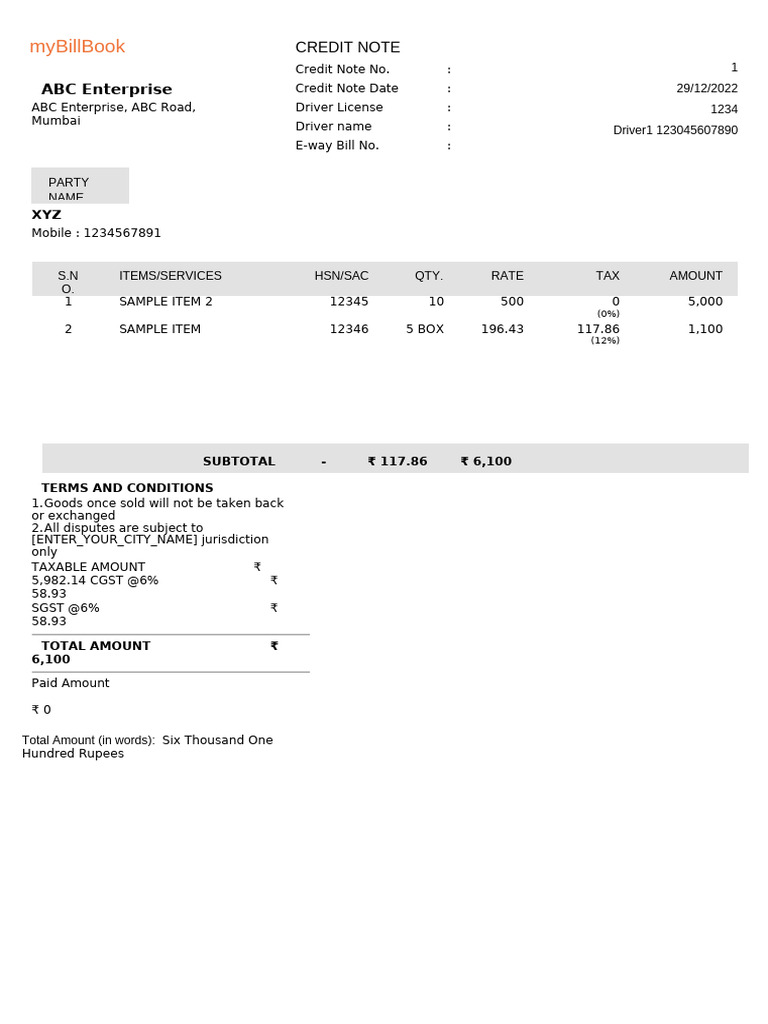 Credit note format in word pdf