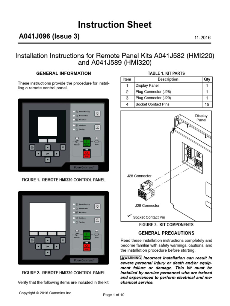 Instruction Sheet. Installation Instructions For Remote Panel Kits ...