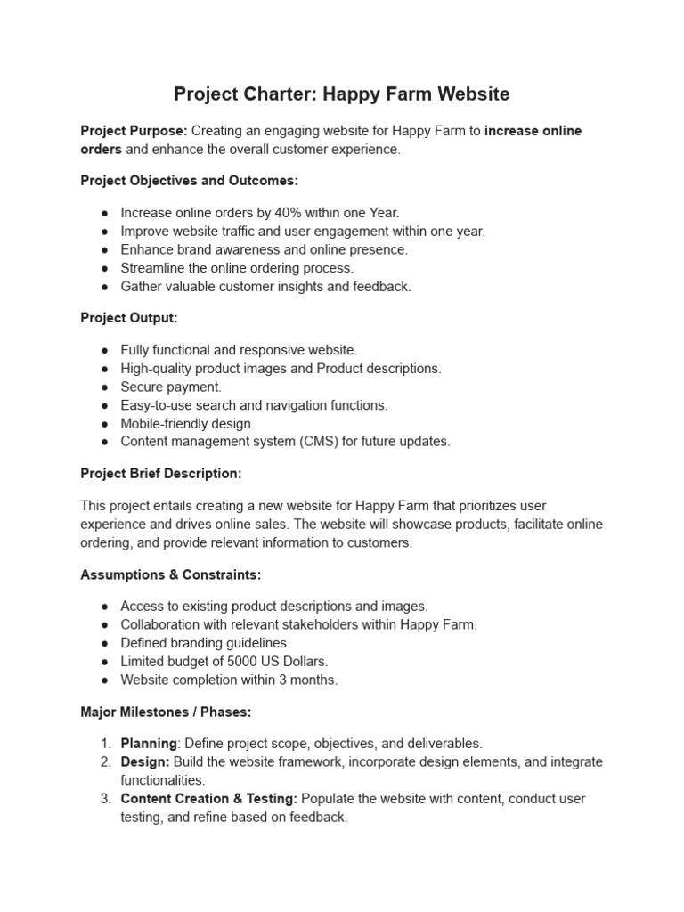 Project Charter - Happy Farm Website | PDF