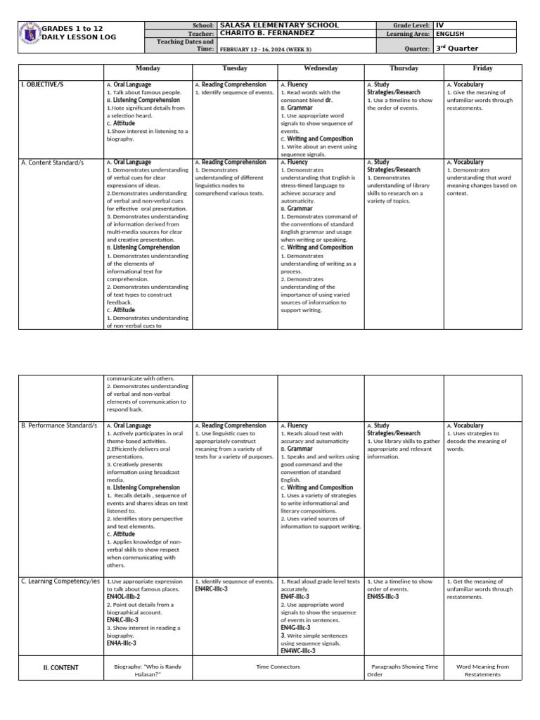 Grade 4 DLL ENGLISH 4 Q3 Week 3 | PDF | Reading Comprehension | Linguistics