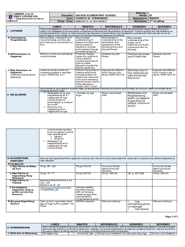 Grade 4 DLL MAPEH 4 Q3 Week 3 | PDF