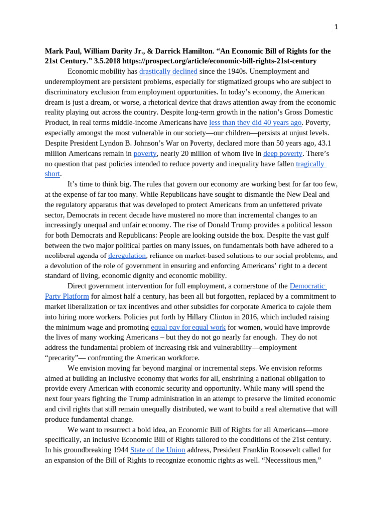 Economic Bill of Rights for All Americans | PDF | Child Care | Employment