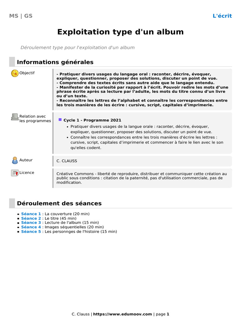 Exploitation d'un album en classe | PDF | Écriture