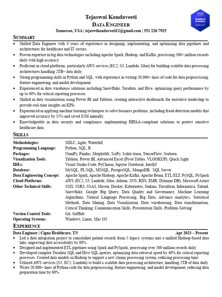 Tejaswai - Kondaveeti - Data Engineer | PDF | Apache Spark | Sql