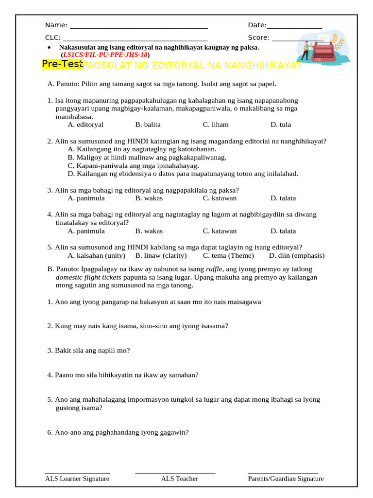 LS1 Fil. Worksheets-JHS PAGSULAT NG EDITORYAL NA NANGHIHIKAYAT | PDF