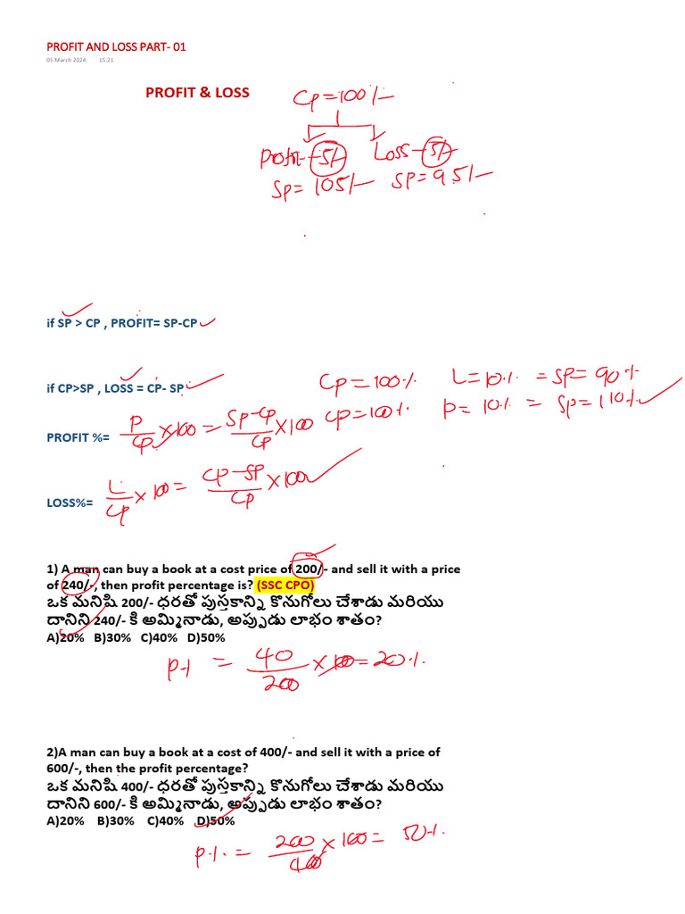 Profit and Loss Formulas and Examples | PDF | Prices | Cost