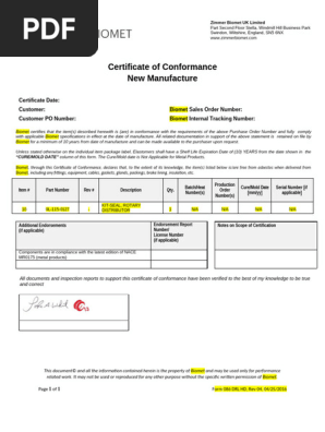 Biomet Certificate of Conformance