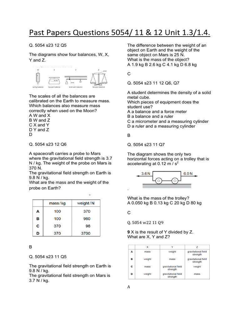 Physics Exam Prep: Mass & Density | PDF | Density | Weight