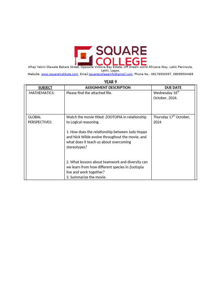 Year 9 Assignment - October 14,2024-1 | PDF | Games & Activities