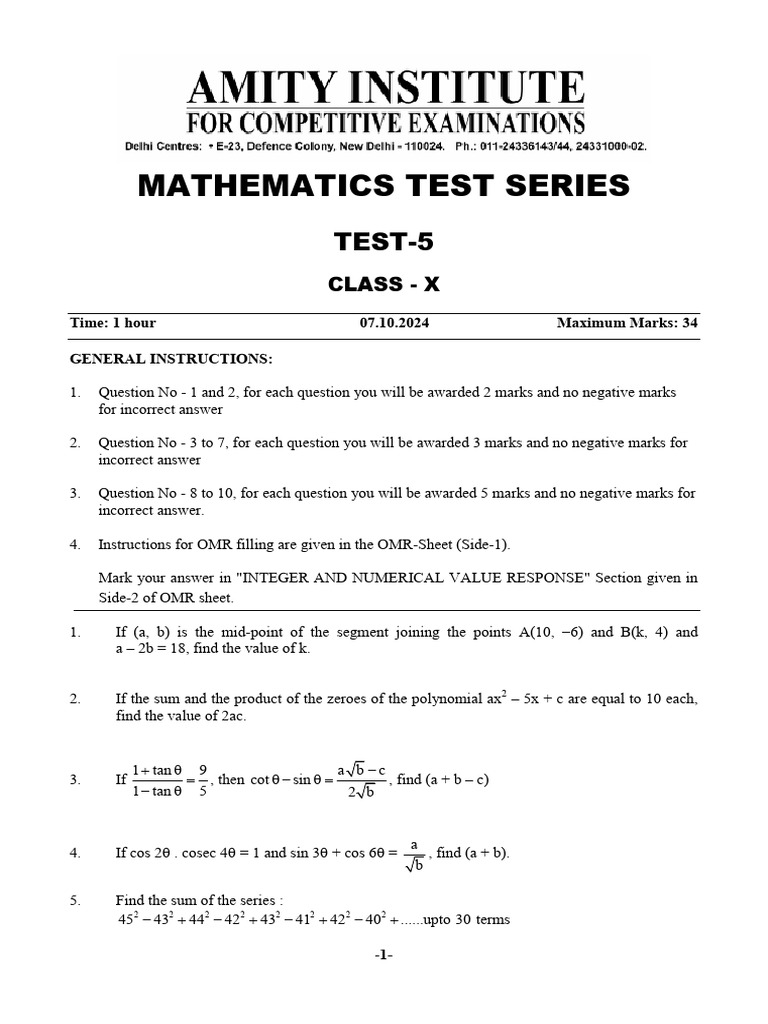 Class X Mathematics Test Series 5 | PDF | Equations | Algebra