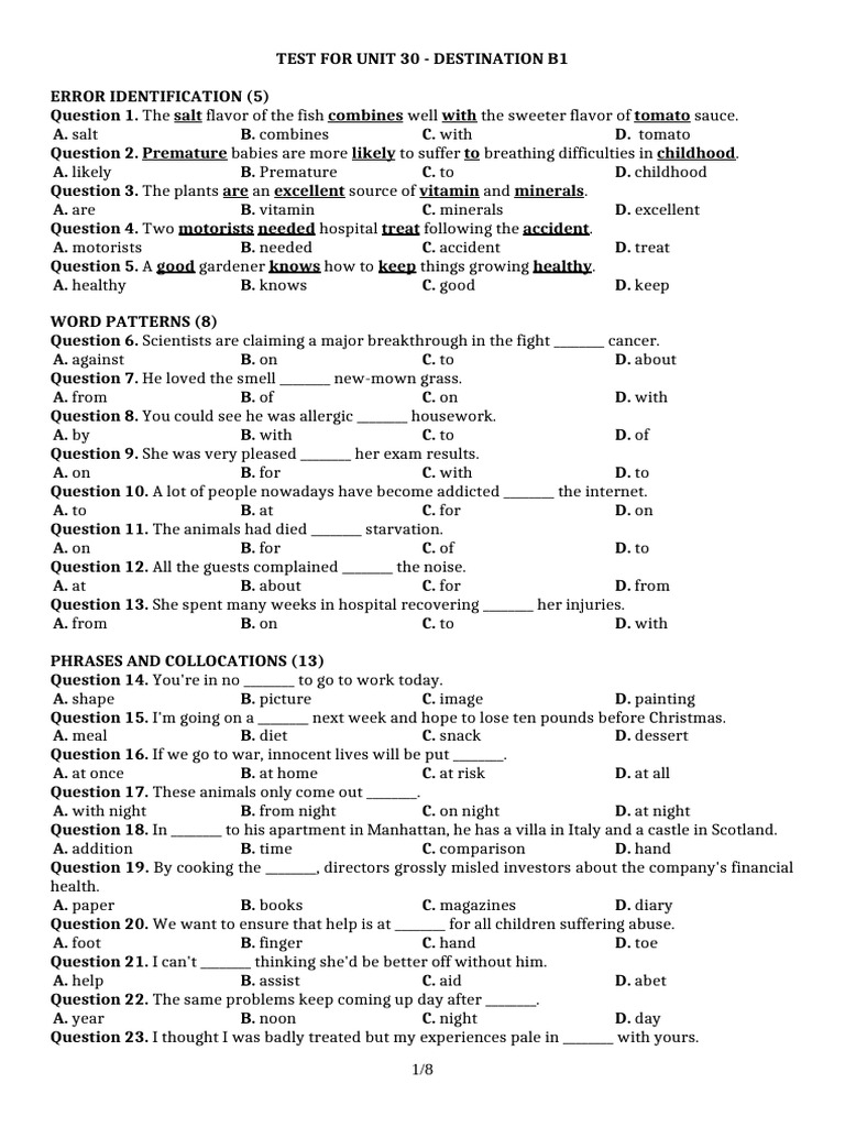 Unit 30 Test: Destination B1 | PDF