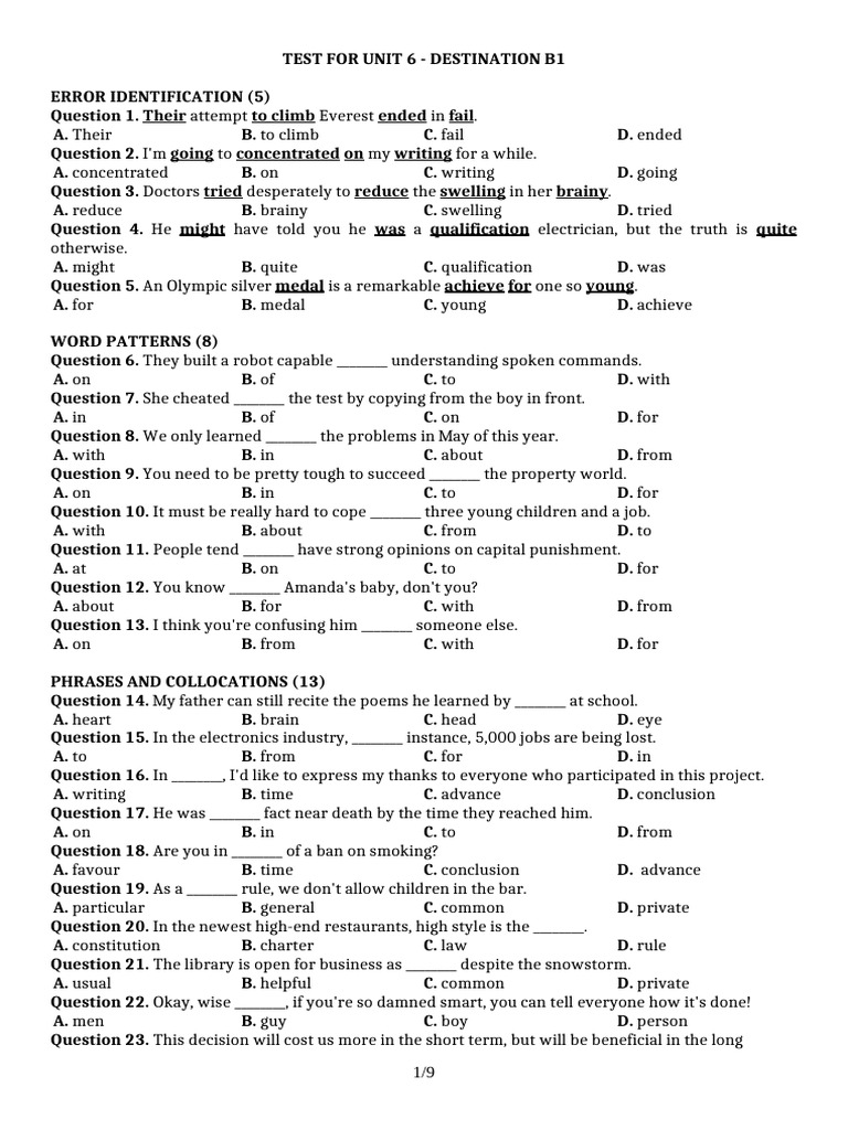 Unit 6 Test - Destination B1 | PDF