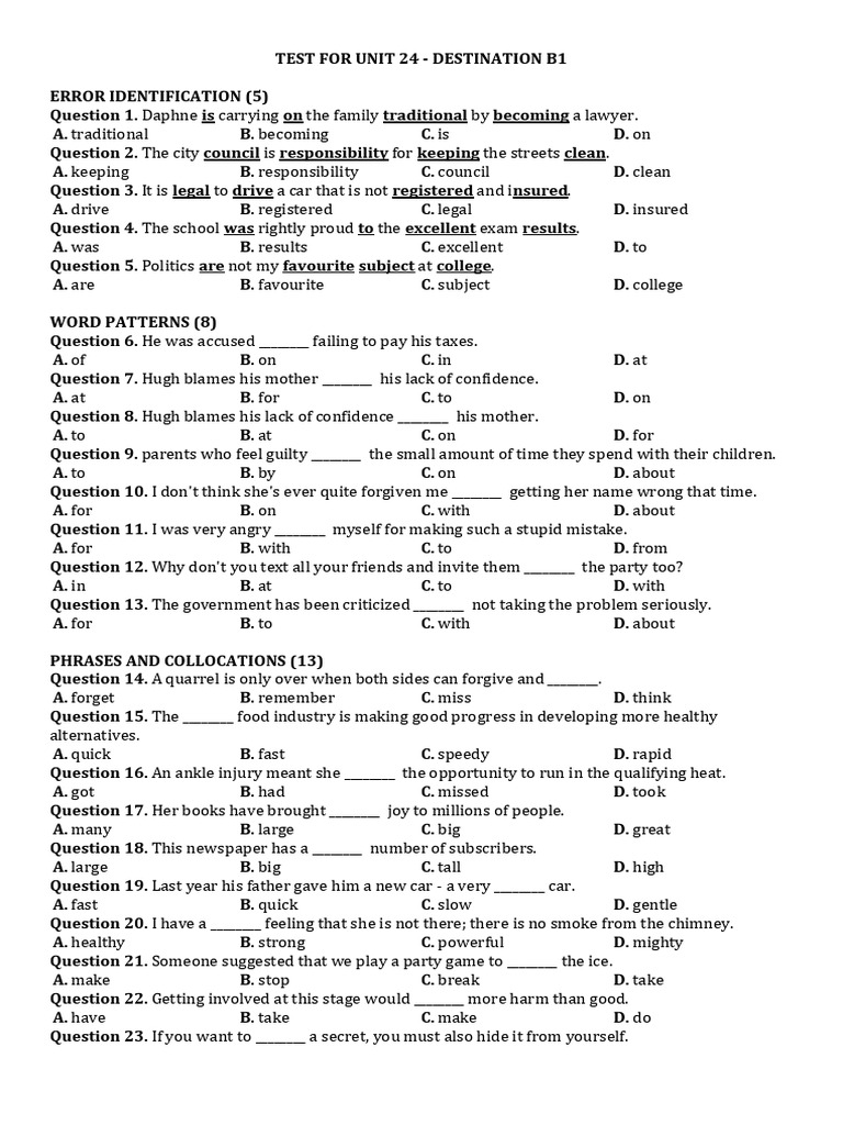 Unit 24 Test: Error Identification & Vocabulary | PDF