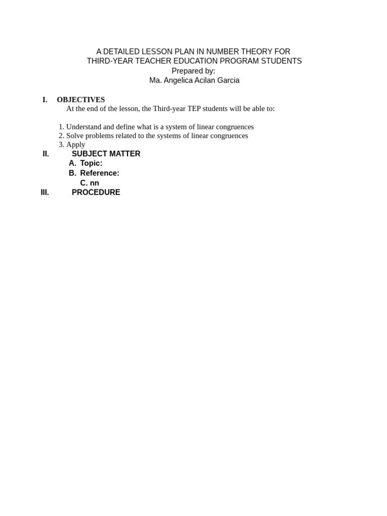 Number Theory Lesson Plan for TEP Students | PDF | Teaching Methods ...