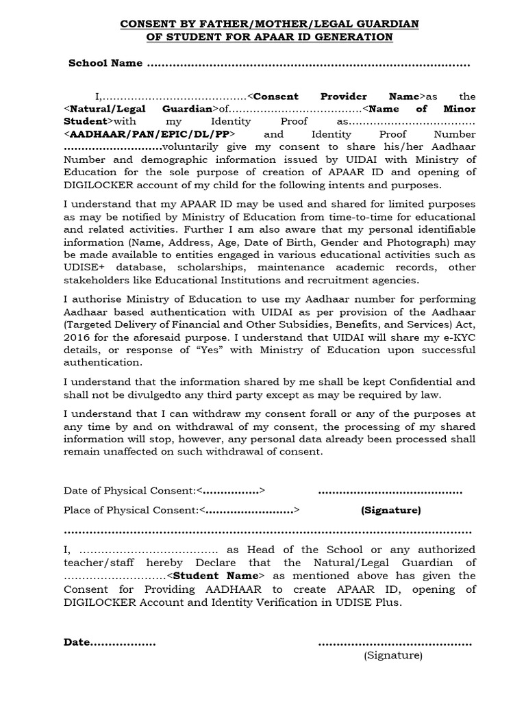 APAAR ID Consent Form for Guardians | PDF | Privacy | Justice
