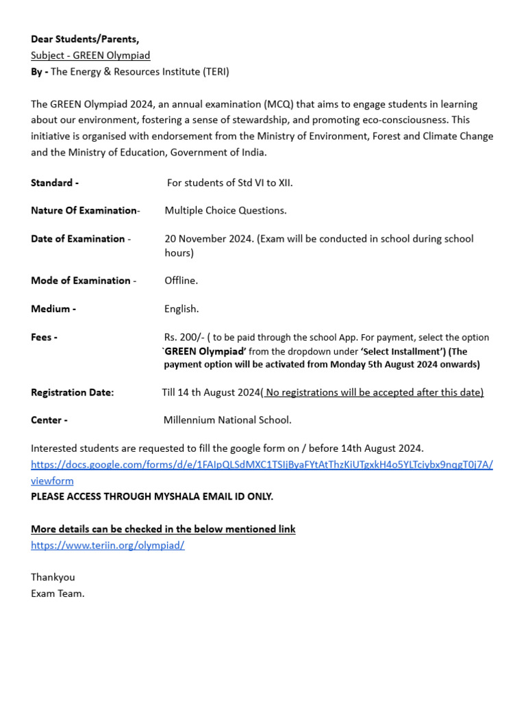 Green Olympiad 2024 Circular Pdf
