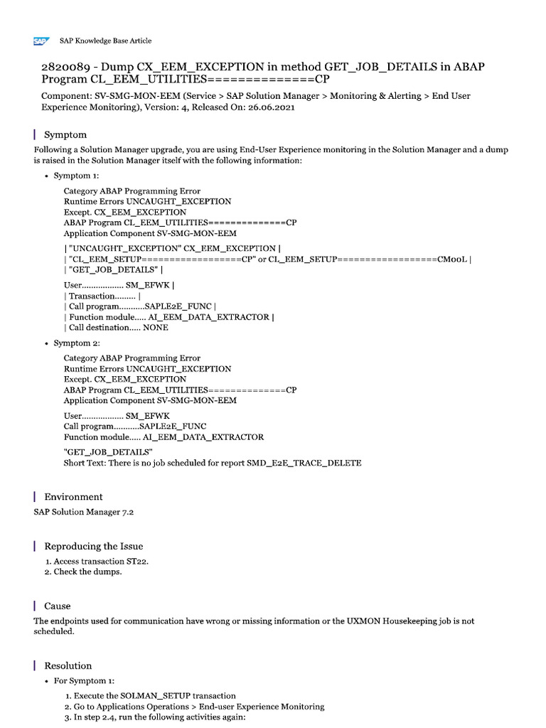 Dump CX - EEM - EXCEPTION in Method GET - JOB - DETAILS in ABAP Program ...