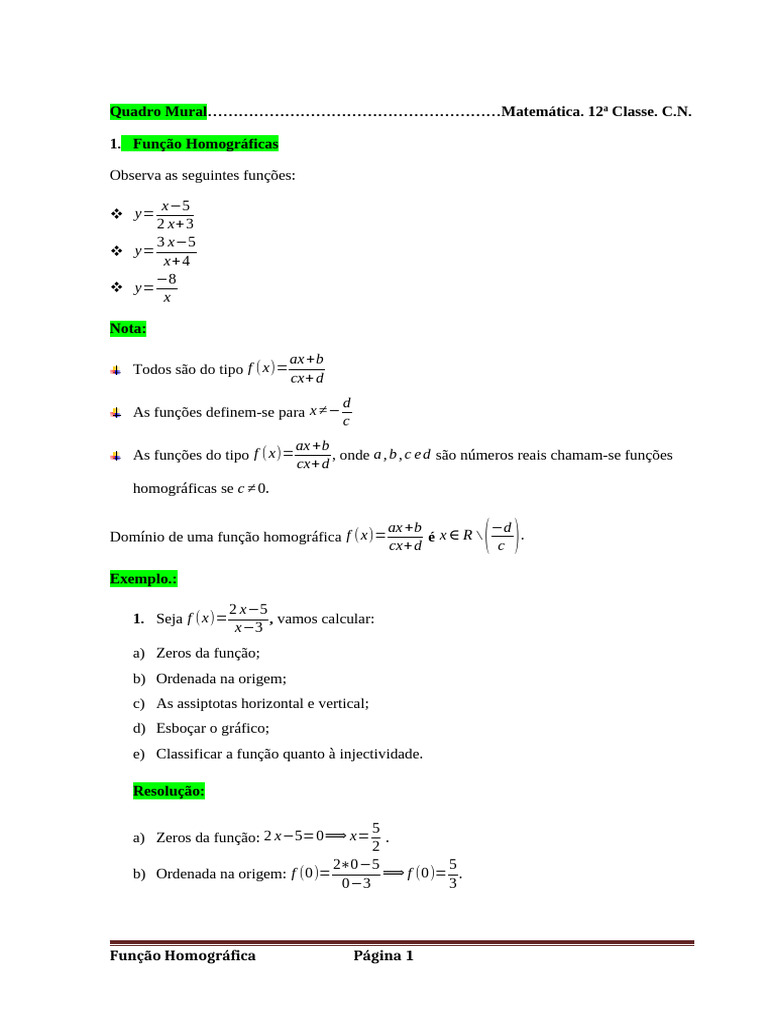 Funções Homográficas: Análise e Exemplos | PDF | Função (Matemática ...