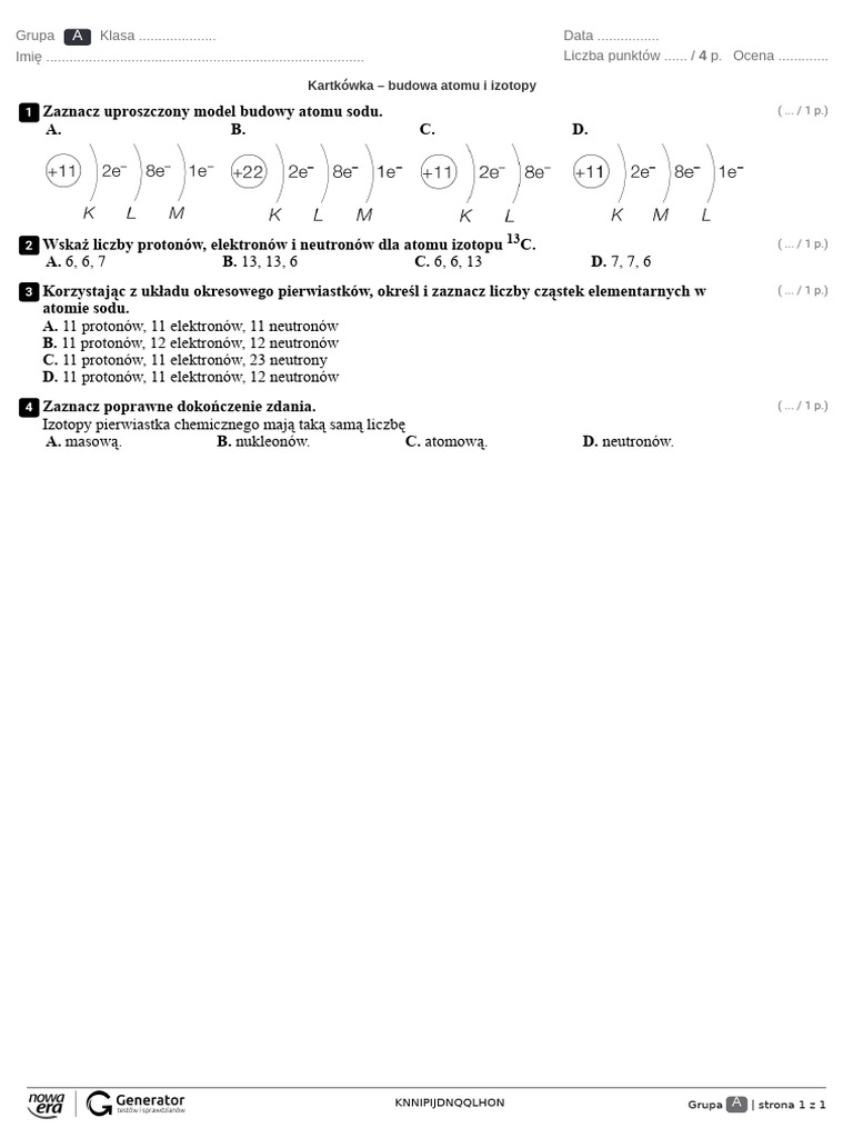 Budowa Atomu Zadania Klasa 7 Kartkówka - Budowa Atomu I Izotopy Test Chemia Klasa 7 | PDF