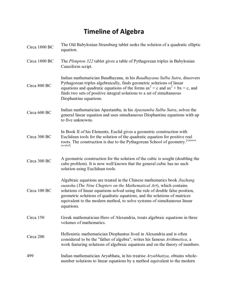 Timeline Of Algebra Algebra Quadratic Equation - 