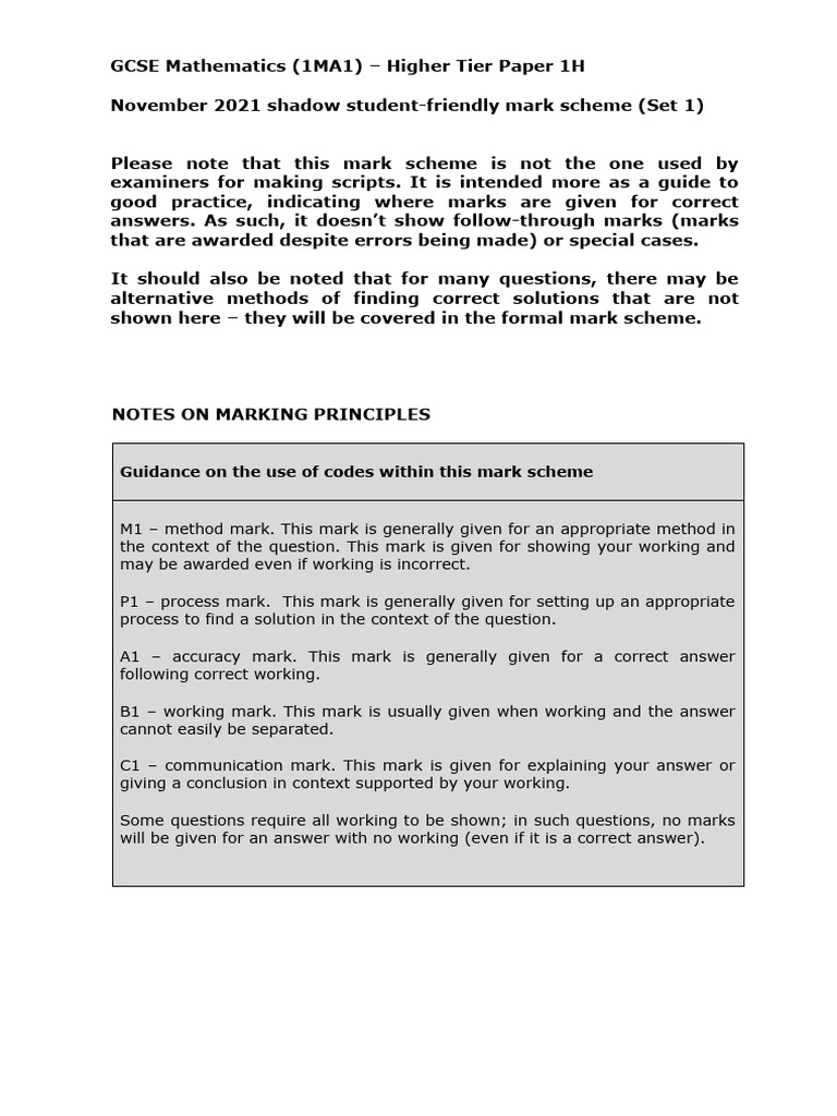 November 2021 Edexcel Maths 1H Mark Scheme | PDF | Mathematics