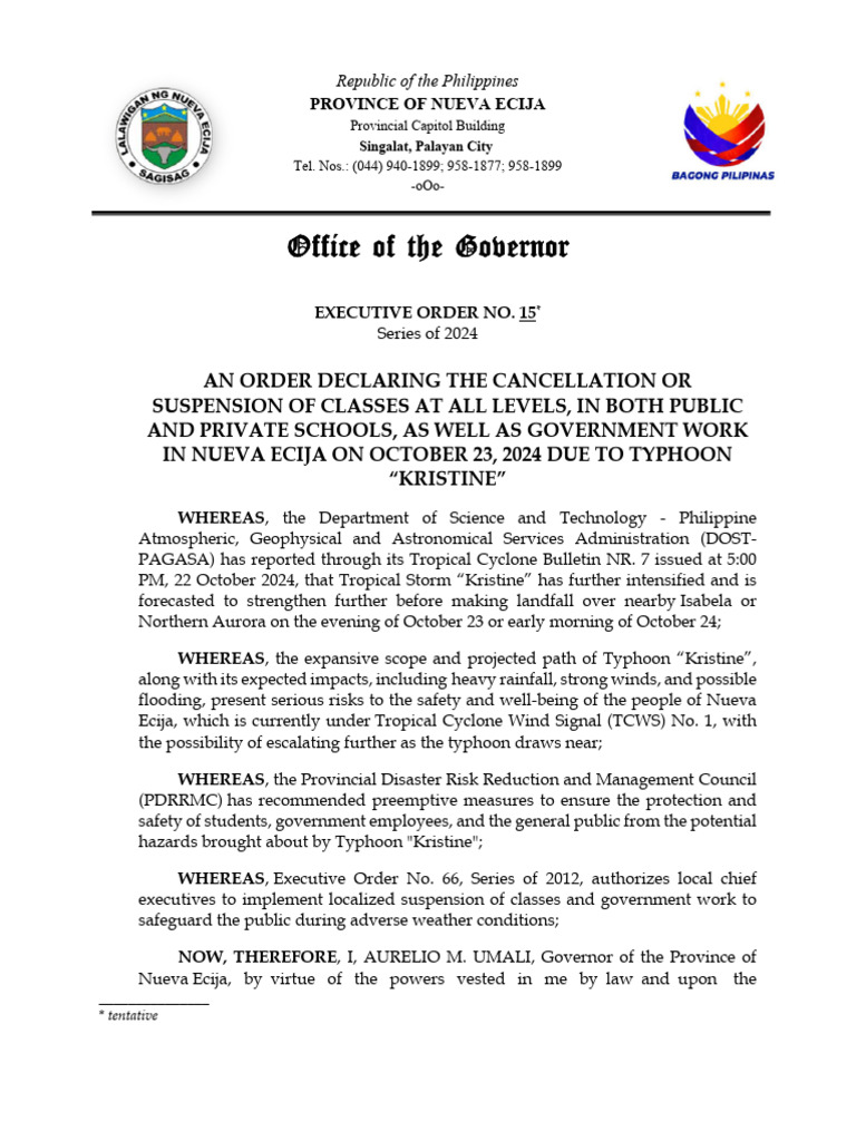 Nueva Ecija Class & Work Suspension | PDF | Tropical Cyclones ...