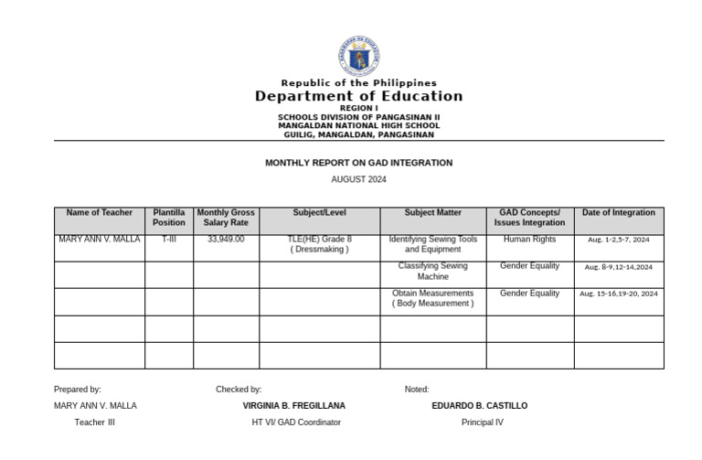 Monthly Gad Integration Report | PDF