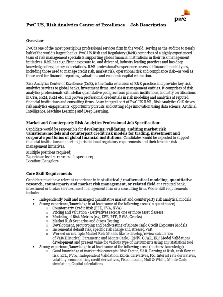 PwC Risk Analytics Job Opportunities | PDF | Derivative (Finance ...