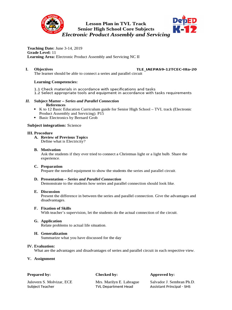 Electronics Product Assembly Lesson Plan | PDF | Power Supply | Lesson Plan