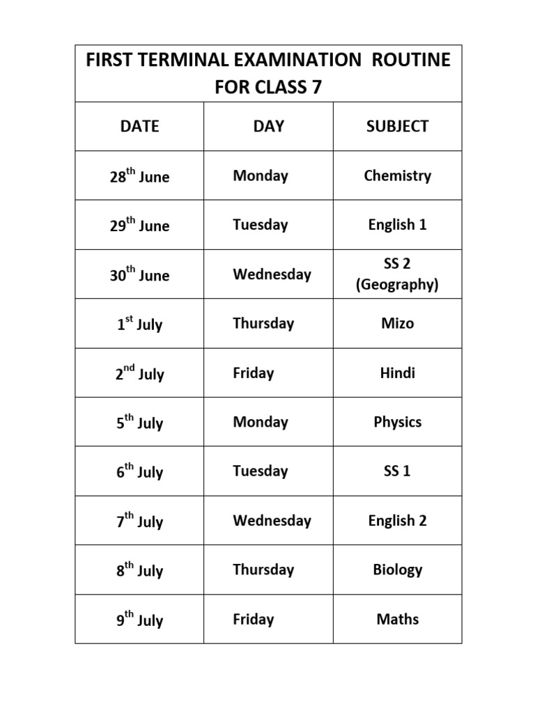 Class 7 First Terminal Exam Schedule | PDF