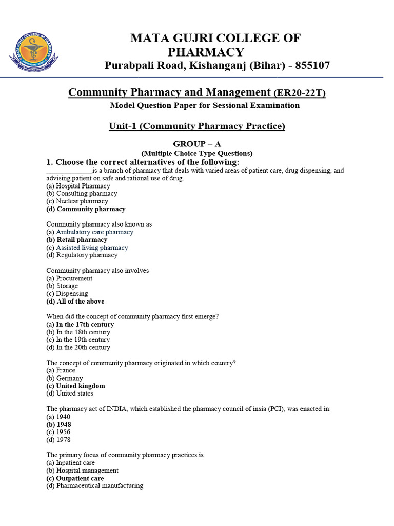Community Pharmacy Exam Model Paper | PDF | Communication | Pharmacy